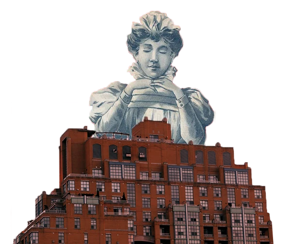 Collage einer klassischen Büste vor einem Backsteingebäude