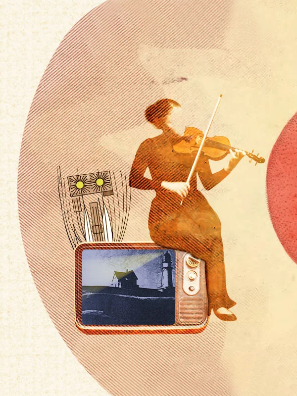 Collage of a violinist seated on a vintage television showing a lighthouse, beside a red sun